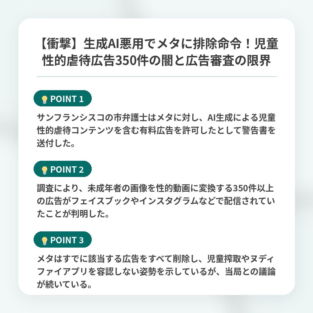 【衝撃】生成AI悪用でメタに排除命令!児童性的虐待広告350件の闇と広告審査の限界の注目ポイントまとめ