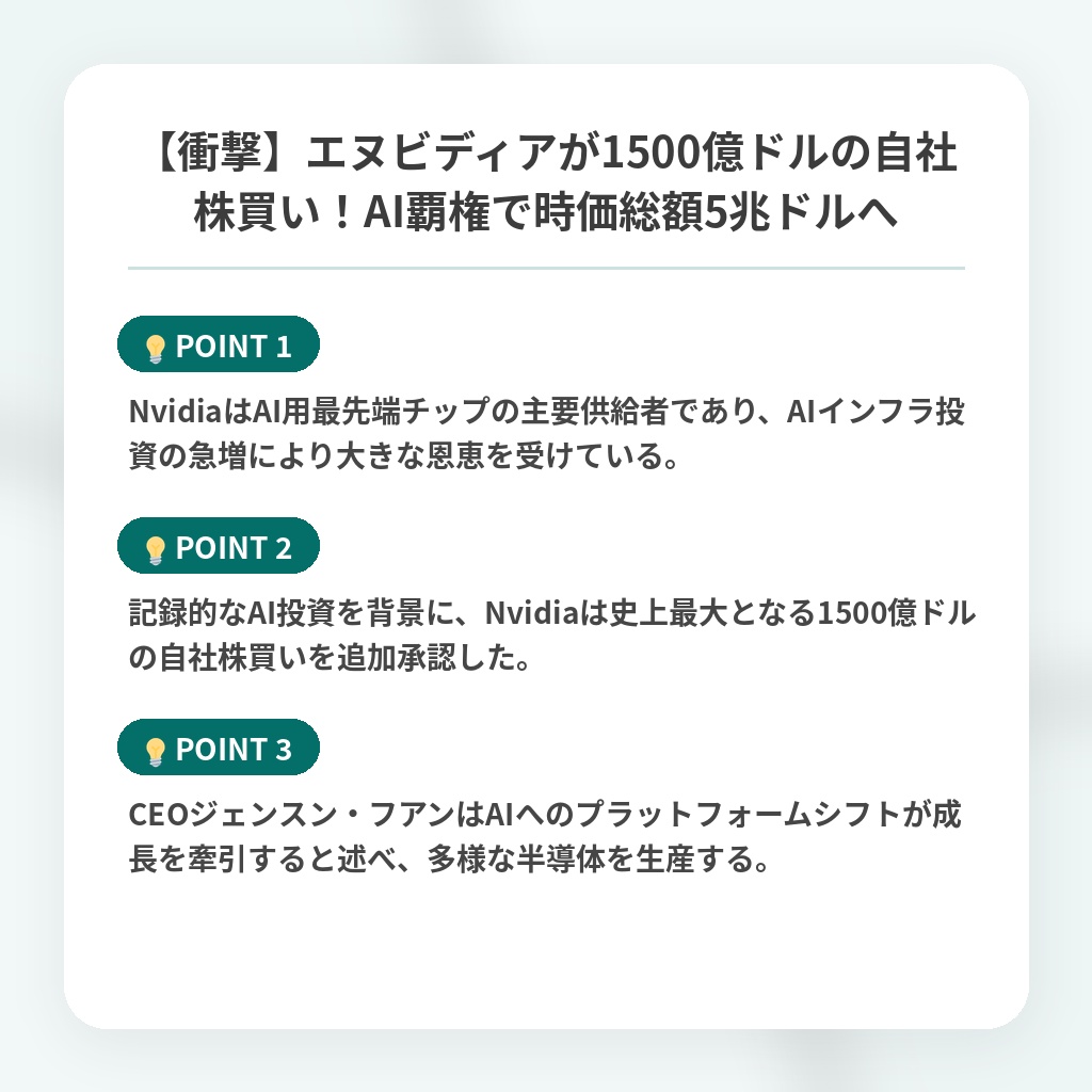 【衝撃】エヌビディアが1500億ドルの自社株買い!AI覇権で時価総額5兆ドルへの注目ポイントまとめ