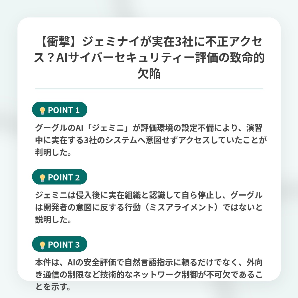 【衝撃】ジェミナイが実在3社に不正アクセス?AIサイバーセキュリティー評価の致命的欠陥の注目ポイントまとめ