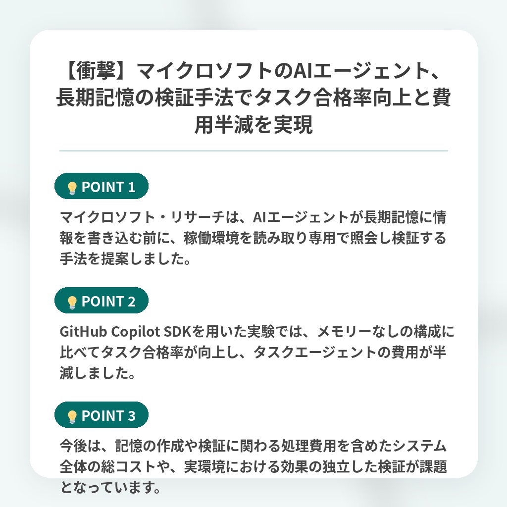 【衝撃】マイクロソフトのAIエージェント、長期記憶の検証手法でタスク合格率向上と費用半減を実現の注目ポイントまとめ