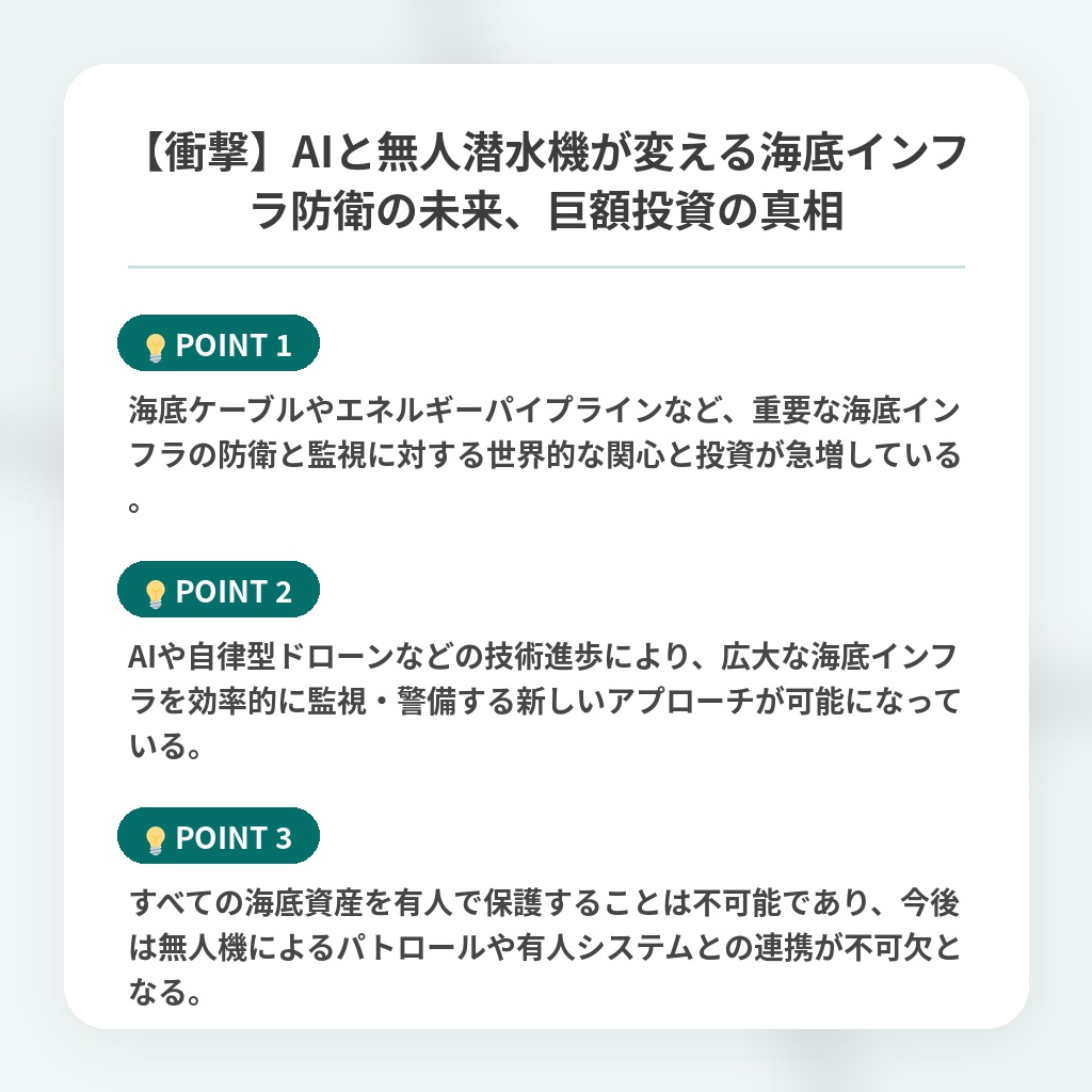 【衝撃】AIと無人潜水機が変える海底インフラ防衛の未来、巨額投資の真相の注目ポイントまとめ