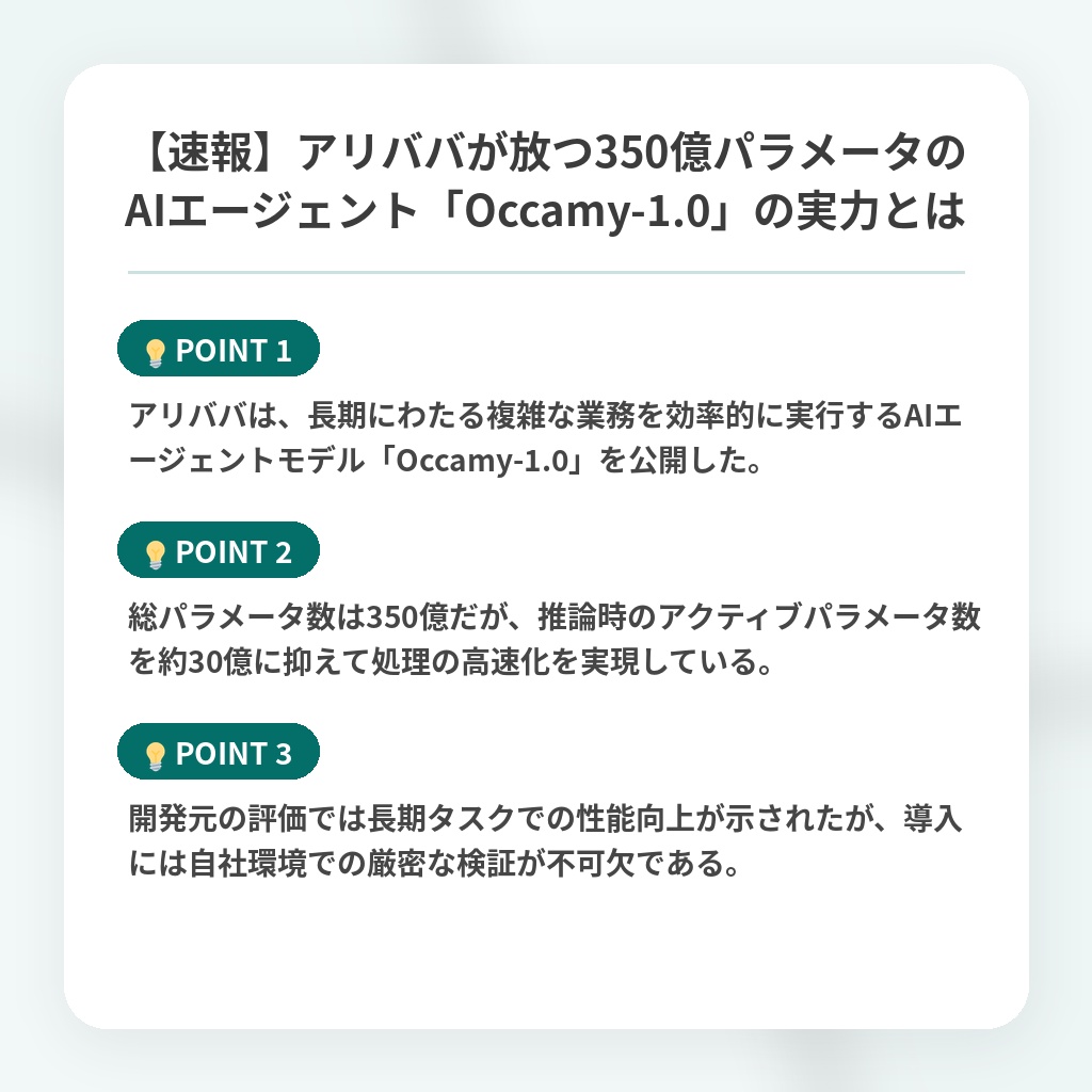 【速報】アリババが放つ350億パラメータのAIエージェント「Occamy-1.0」の実力とはの注目ポイントまとめ