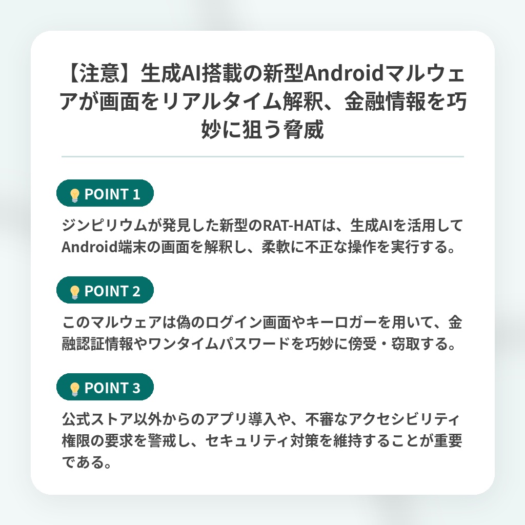 【注意】生成AI搭載の新型Androidマルウェアが画面をリアルタイム解釈、金融情報を巧妙に狙う脅威の注目ポイントまとめ