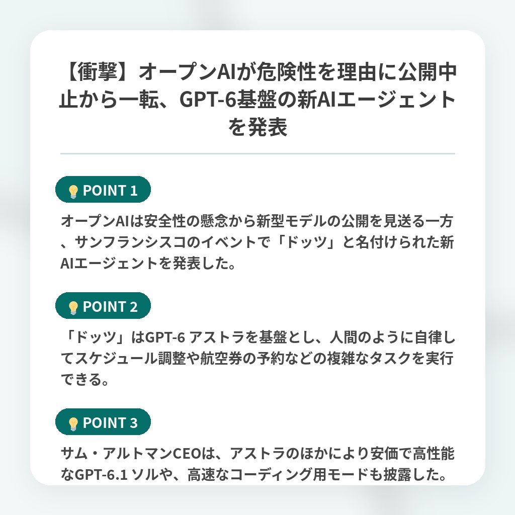 【衝撃】オープンAIが危険性を理由に公開中止から一転、GPT-6基盤の新AIエージェントを発表の注目ポイントまとめ