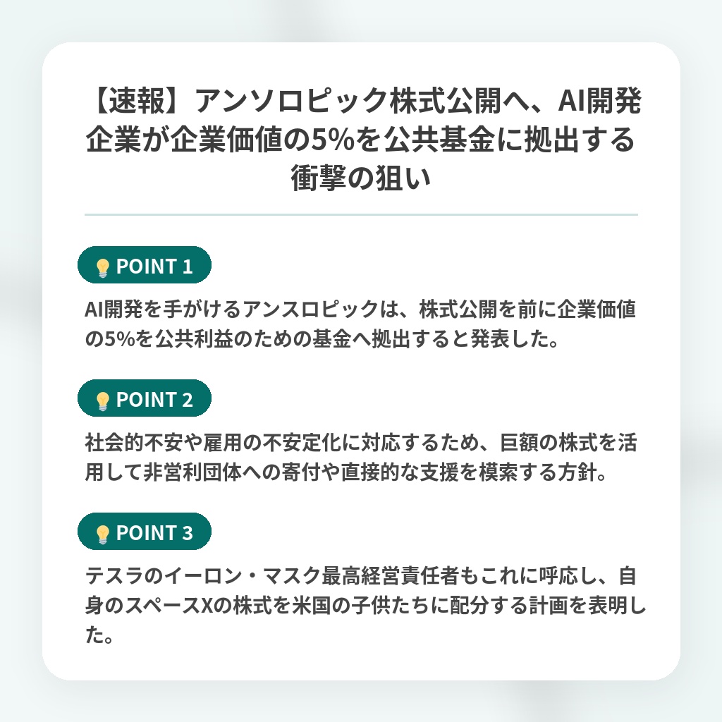【速報】アンソロピック株式公開へ、AI開発企業が企業価値の5%を公共基金に拠出する衝撃の狙いの注目ポイントまとめ