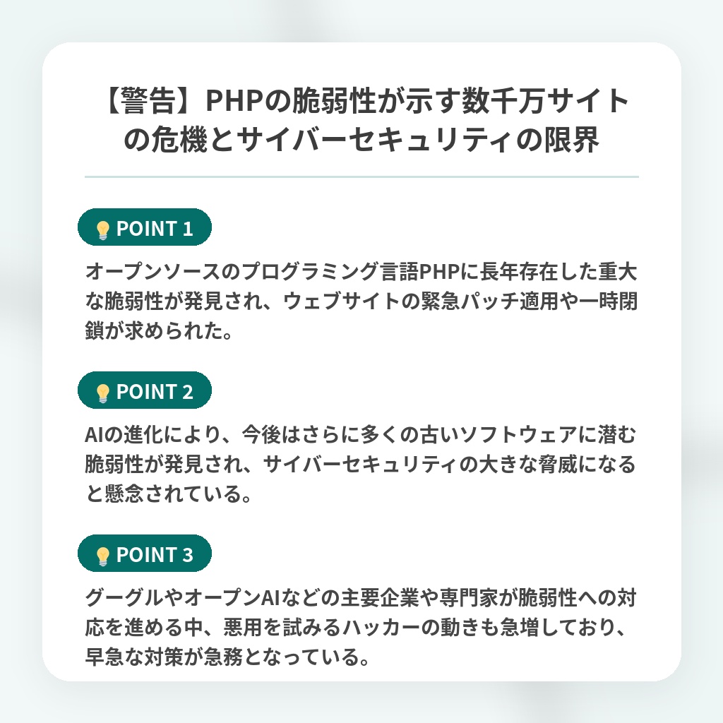 【警告】PHPの脆弱性が示す数千万サイトの危機とサイバーセキュリティの限界の注目ポイントまとめ