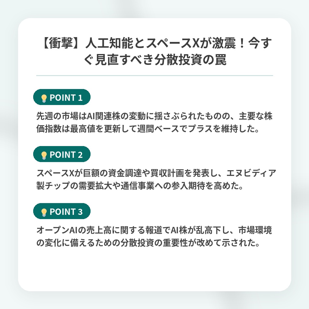 【衝撃】人工知能とスペースXが激震！今すぐ見直すべき分散投資の罠の注目ポイントまとめ