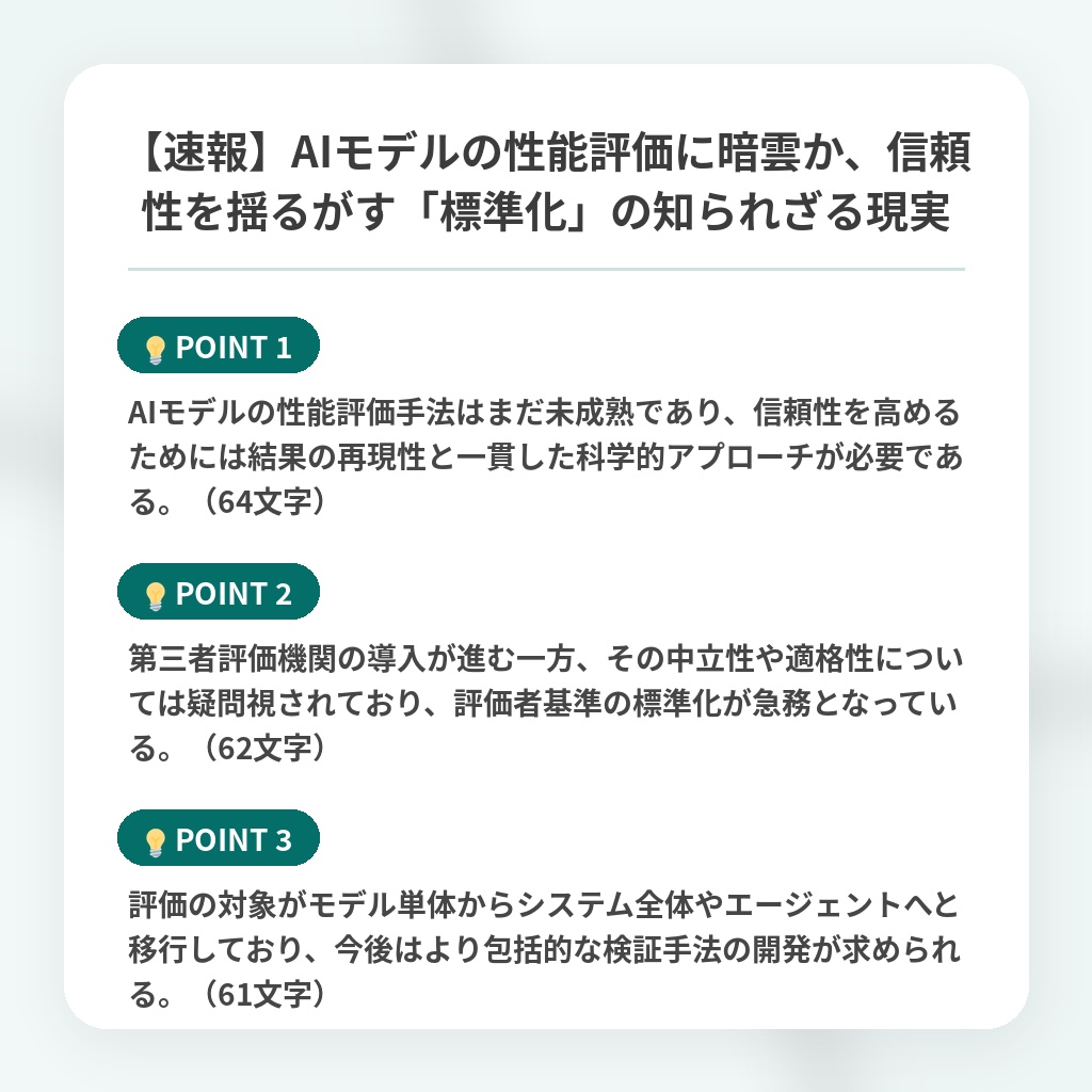 【速報】AIモデルの性能評価に暗雲か、信頼性を揺るがす「標準化」の知られざる現実の注目ポイントまとめ