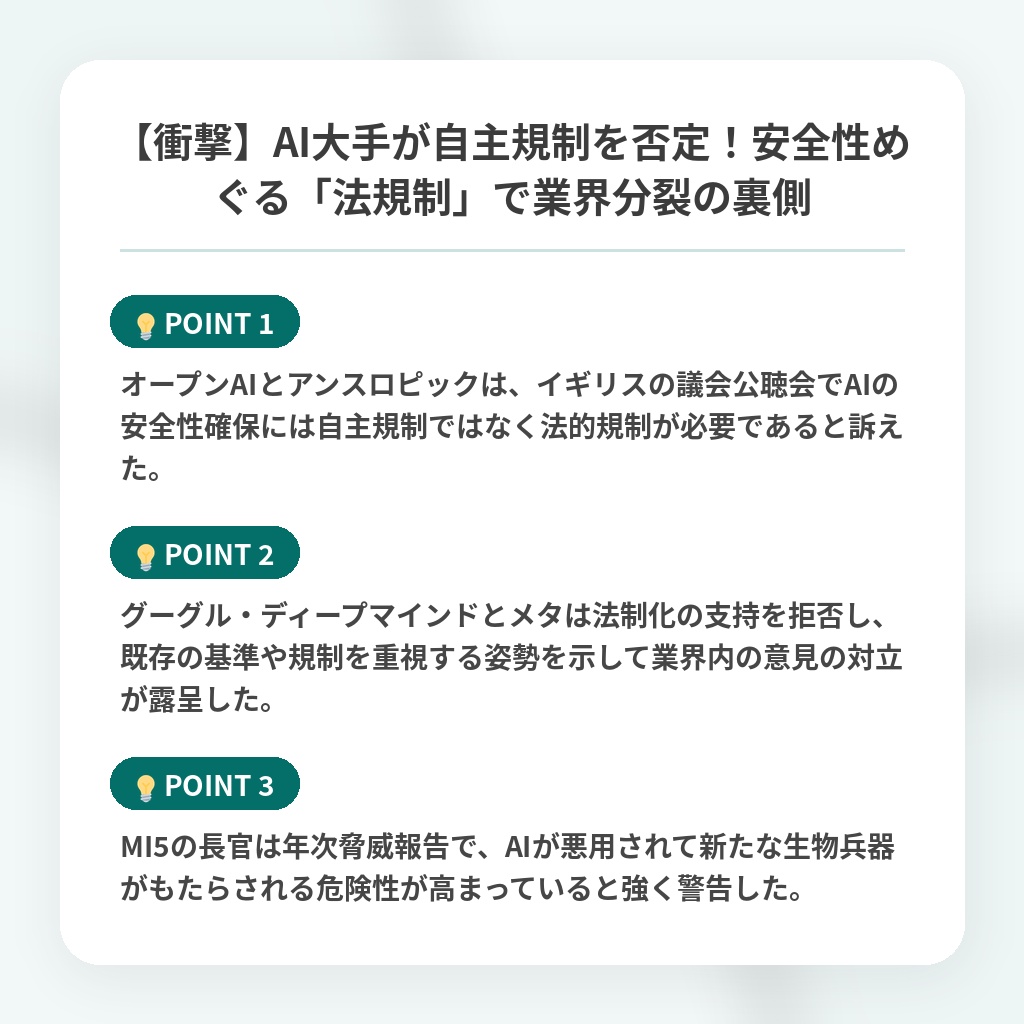 【衝撃】AI大手が自主規制を否定!安全性めぐる「法規制」で業界分裂の裏側の注目ポイントまとめ