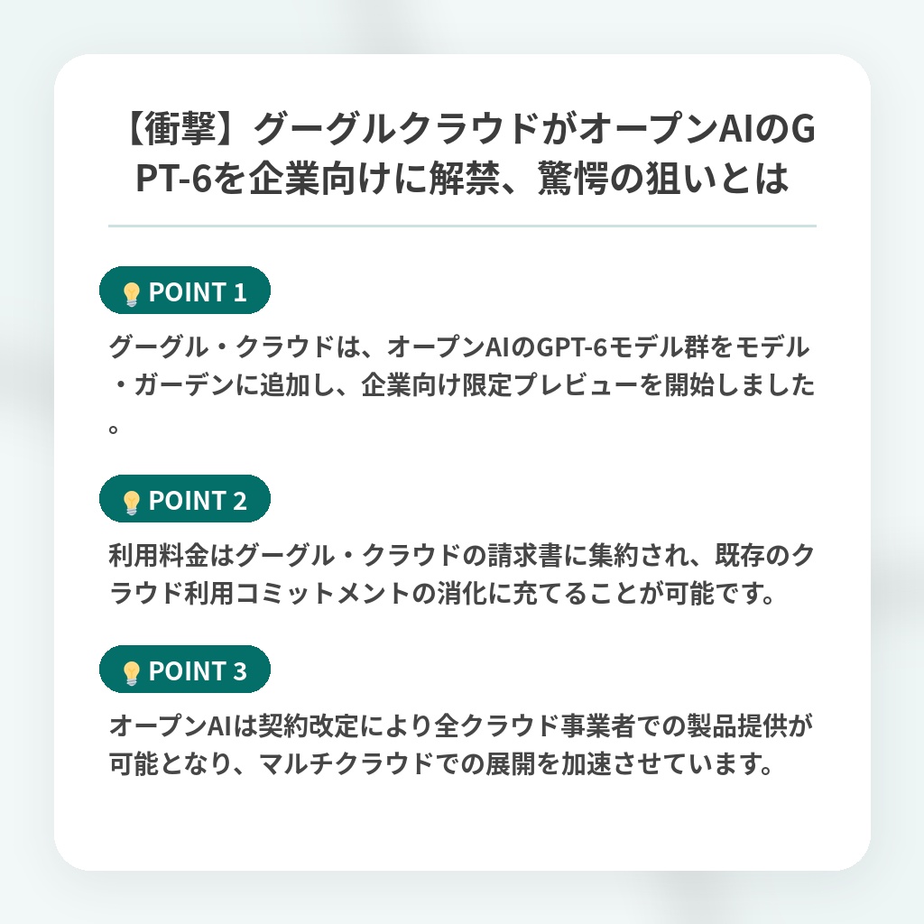 【衝撃】グーグルクラウドがオープンAIのGPT-6を企業向けに解禁、驚愕の狙いとはの注目ポイントまとめ
