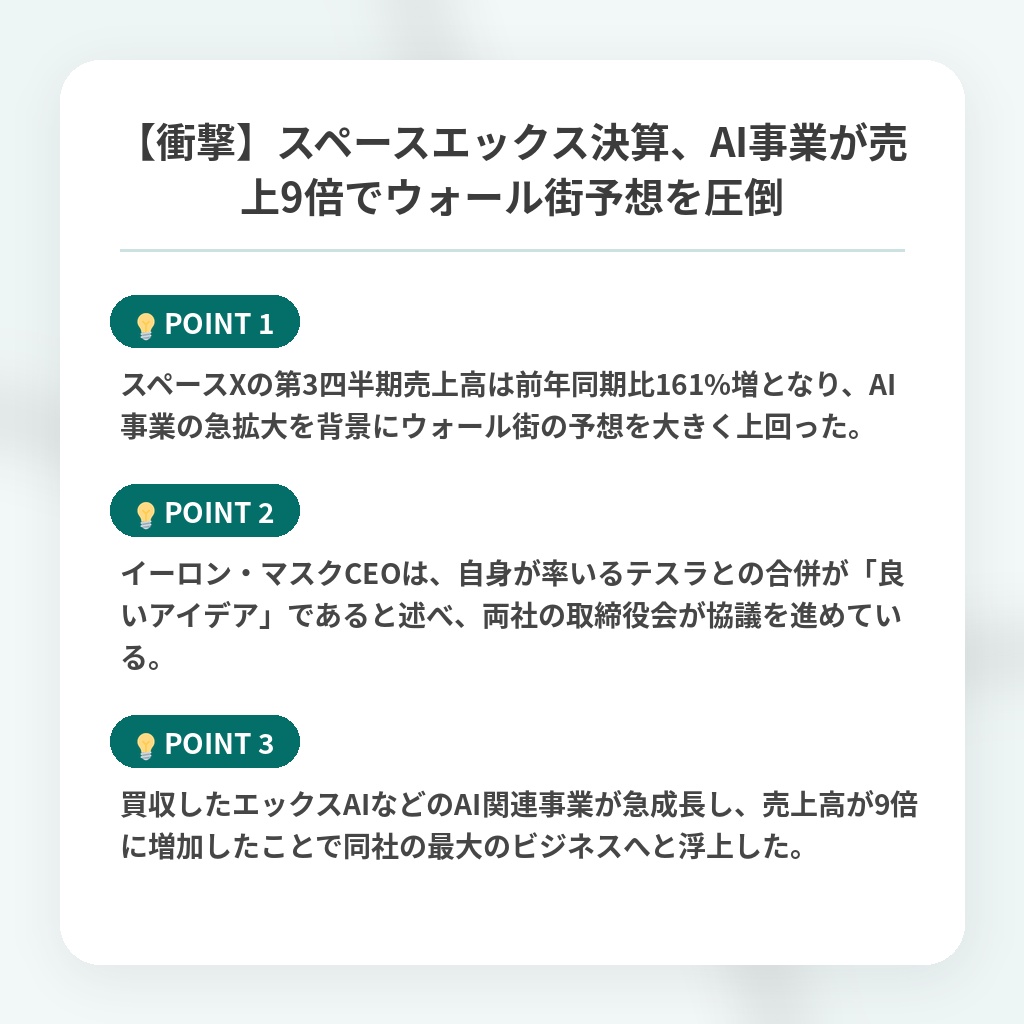 【衝撃】スペースエックス決算、AI事業が売上9倍でウォール街予想を圧倒の注目ポイントまとめ