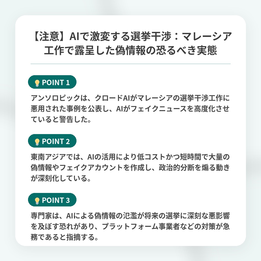 【注意】AIで激変する選挙干渉:マレーシア工作で露呈した偽情報の恐るべき実態の注目ポイントまとめ