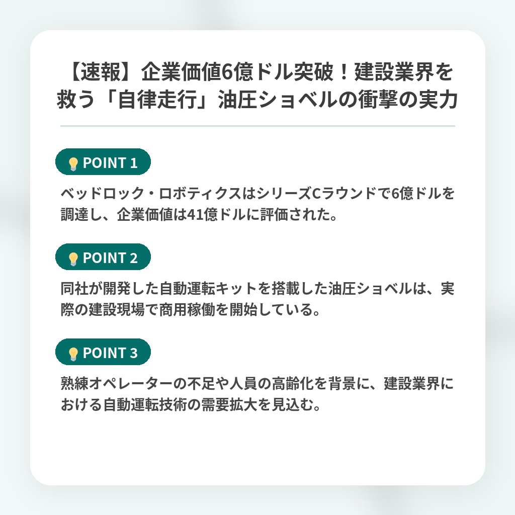 【速報】企業価値6億ドル突破！建設業界を救う「自律走行」油圧ショベルの衝撃の実力の注目ポイントまとめ