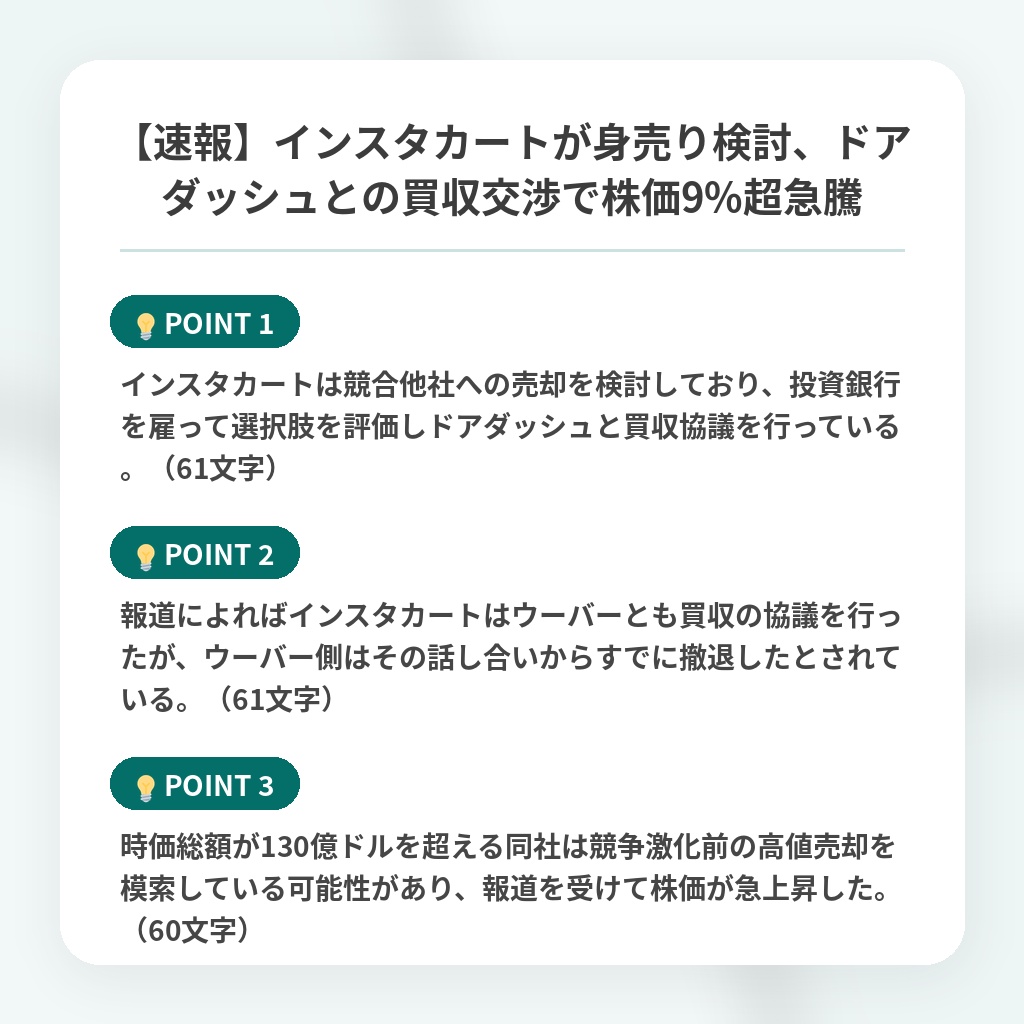 【速報】インスタカートが身売り検討、ドアダッシュとの買収交渉で株価9%超急騰の注目ポイントまとめ