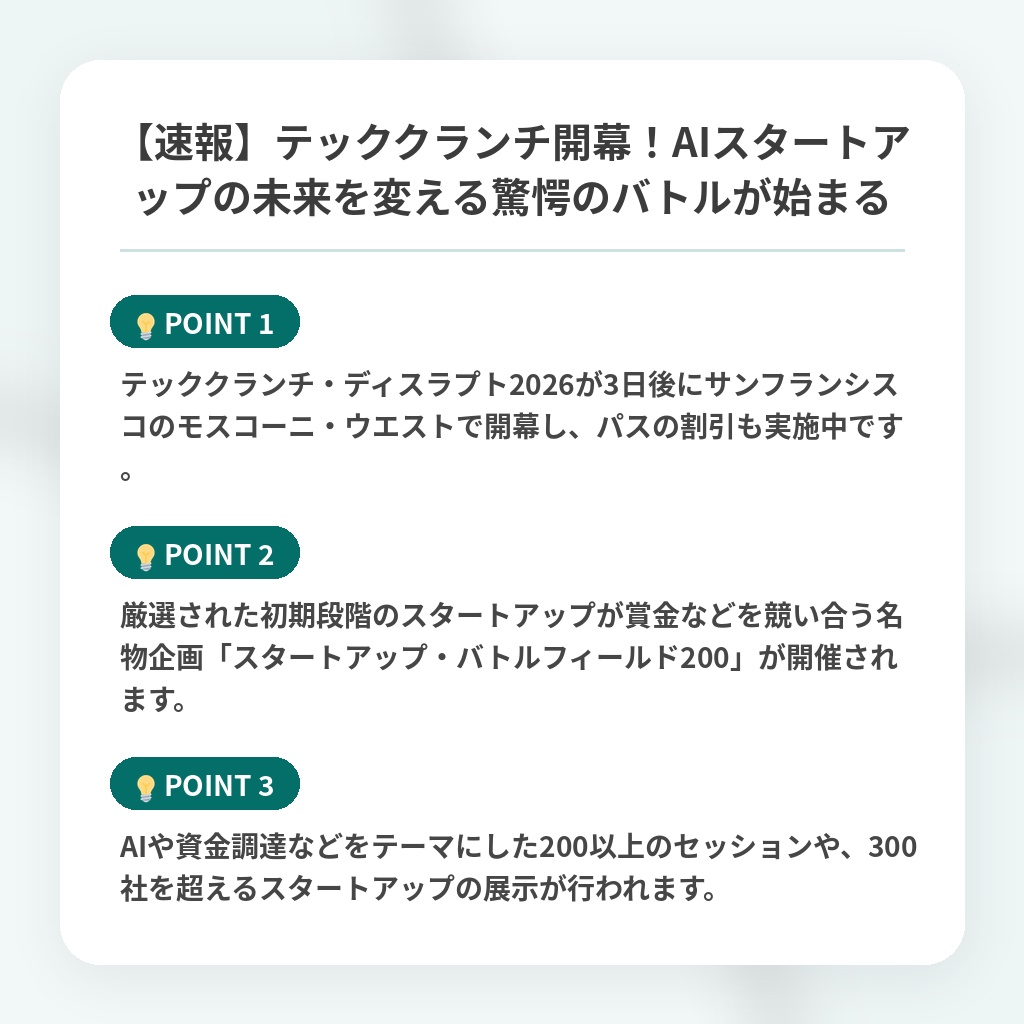 【速報】テッククランチ開幕！AIスタートアップの未来を変える驚愕のバトルが始まるの注目ポイントまとめ