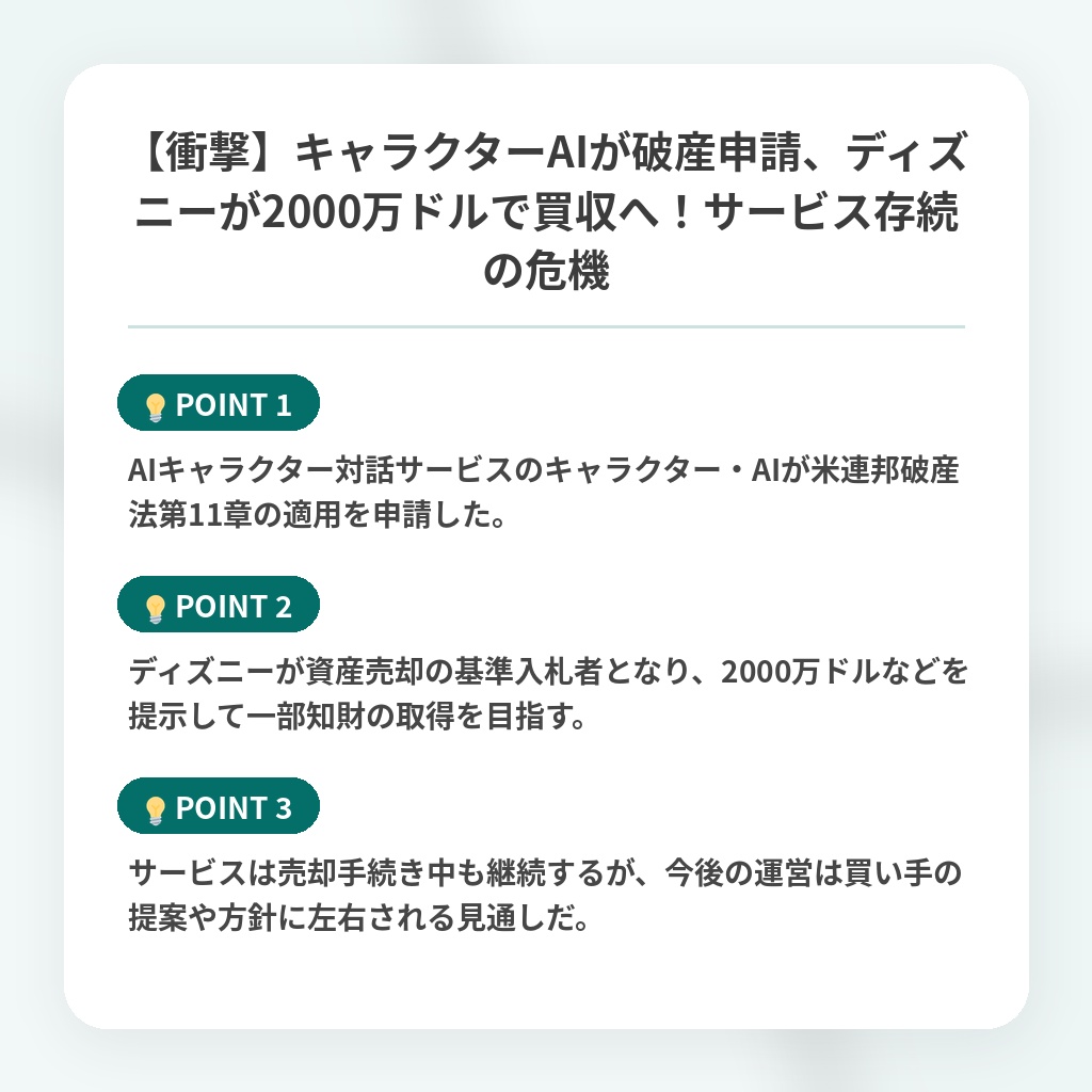 【衝撃】キャラクターAIが破産申請、ディズニーが2000万ドルで買収へ!サービス存続の危機の注目ポイントまとめ
