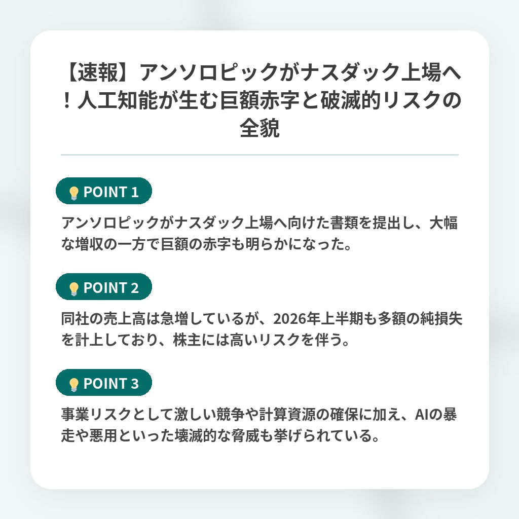 【速報】アンソロピックがナスダック上場へ！人工知能が生む巨額赤字と破滅的リスクの全貌の注目ポイントまとめ
