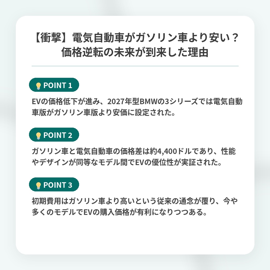 【衝撃】電気自動車がガソリン車より安い?価格逆転の未来が到来した理由の注目ポイントまとめ