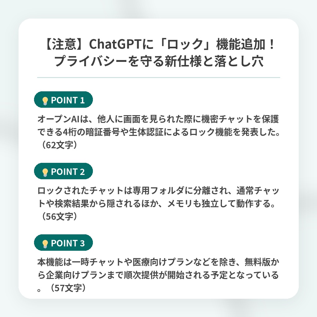 【注意】ChatGPTに「ロック」機能追加!プライバシーを守る新仕様と落とし穴の注目ポイントまとめ