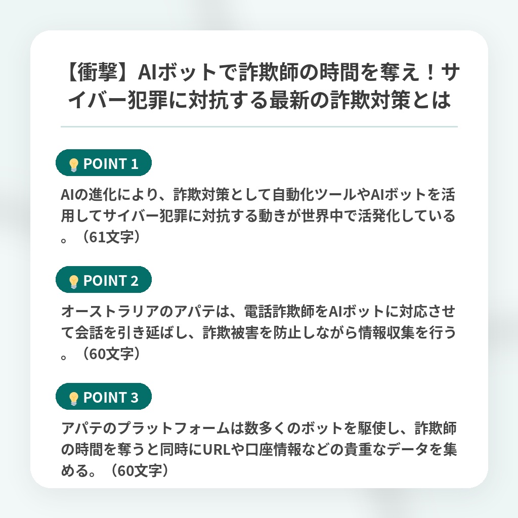 【衝撃】AIボットで詐欺師の時間を奪え！サイバー犯罪に対抗する最新の詐欺対策とはの注目ポイントまとめ