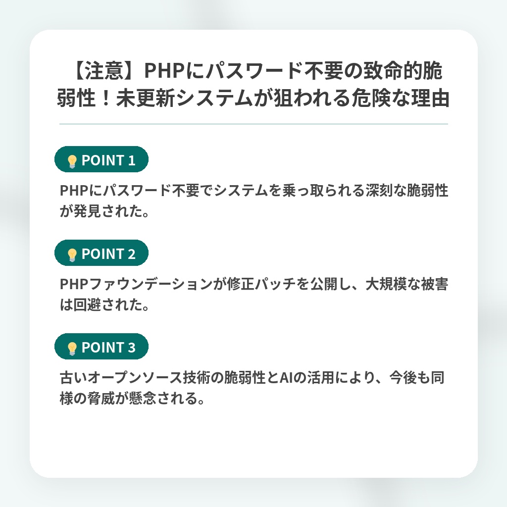【注意】PHPにパスワード不要の致命的脆弱性！未更新システムが狙われる危険な理由の注目ポイントまとめ
