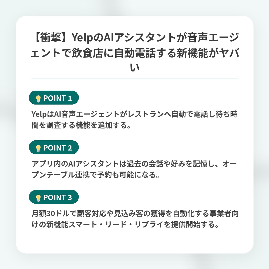 【衝撃】YelpのAIアシスタントが音声エージェントで飲食店に自動電話する新機能がヤバいの注目ポイントまとめ