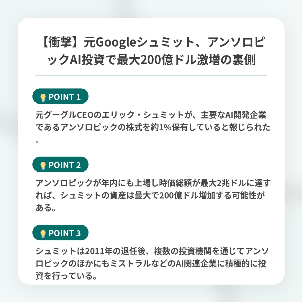 【衝撃】元Googleシュミット、アンソロピックAI投資で最大200億ドル激増の裏側の注目ポイントまとめ