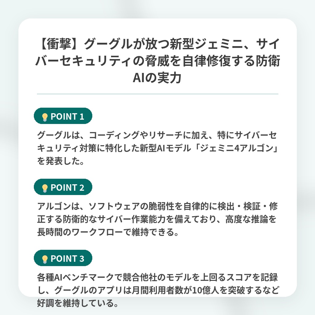 【衝撃】グーグルが放つ新型ジェミニ、サイバーセキュリティの脅威を自律修復する防衛AIの実力の注目ポイントまとめ