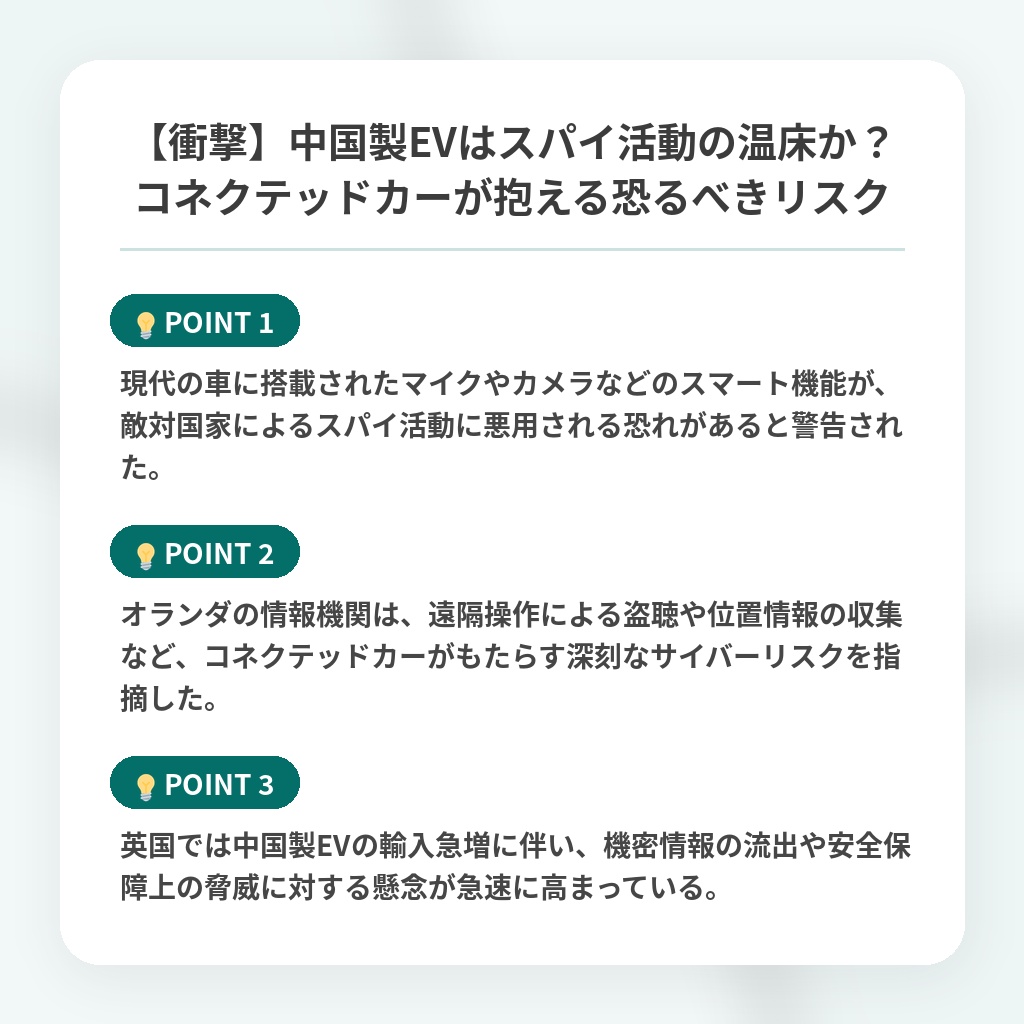 【衝撃】中国製EVはスパイ活動の温床か?コネクテッドカーが抱える恐るべきリスクの注目ポイントまとめ