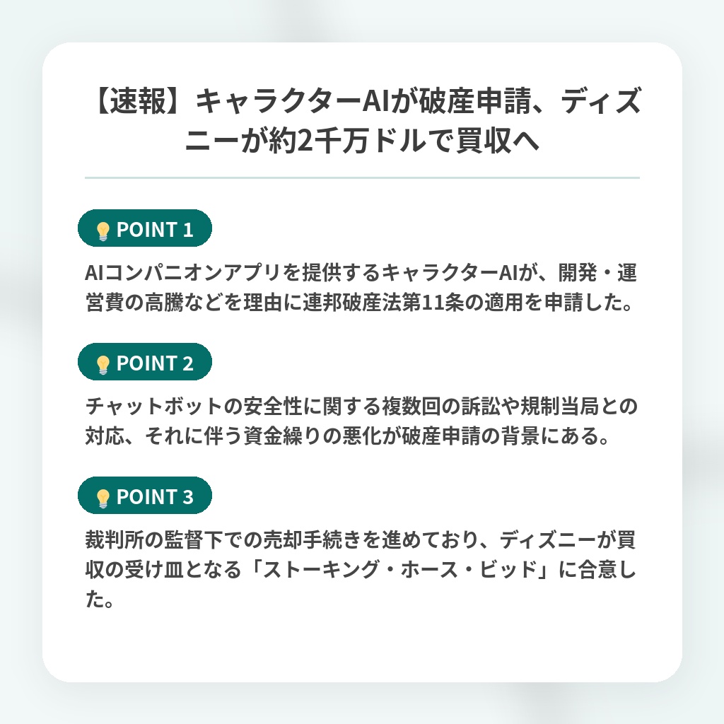 【速報】キャラクターAIが破産申請、ディズニーが約2千万ドルで買収への注目ポイントまとめ