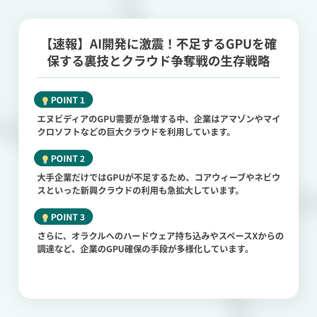 【速報】AI開発に激震！不足するGPUを確保する裏技とクラウド争奪戦の生存戦略の注目ポイントまとめ