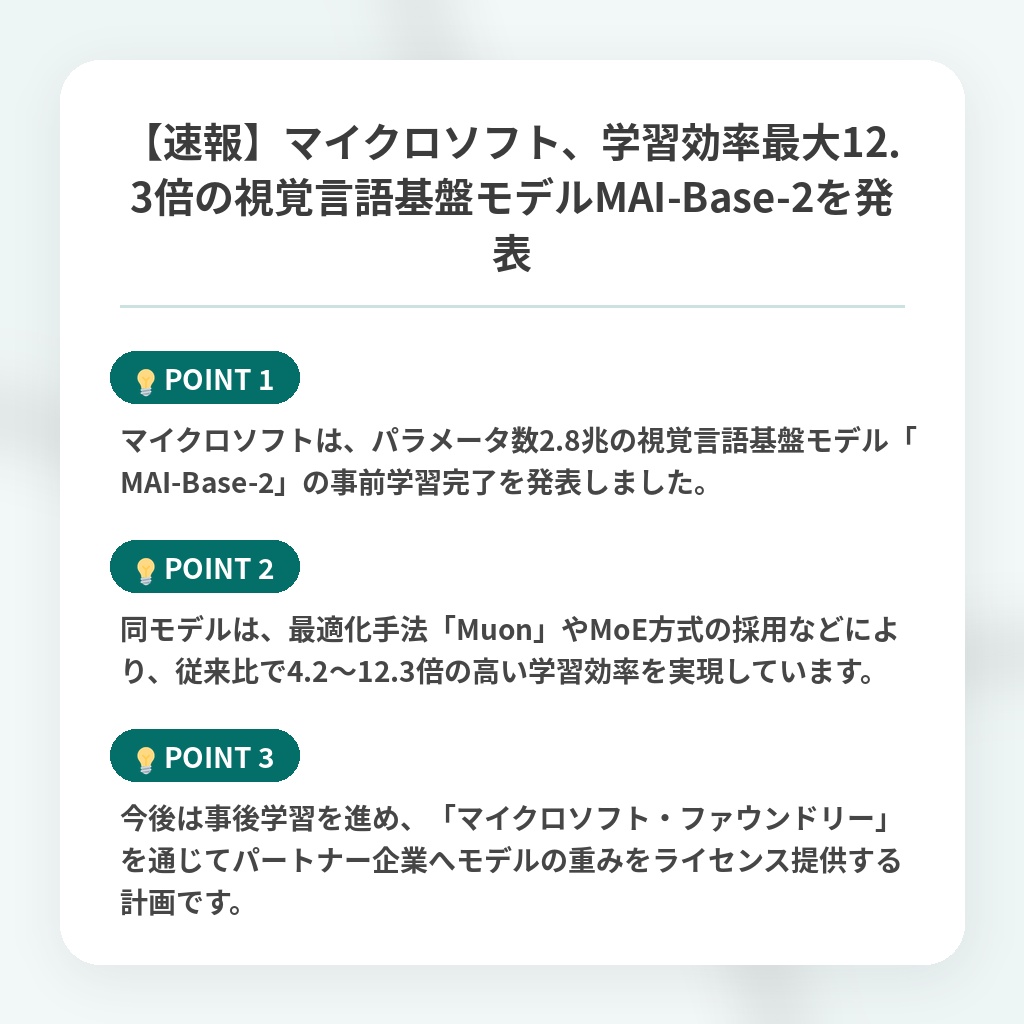 【速報】マイクロソフト、学習効率最大12.3倍の視覚言語基盤モデルMAI-Base-2を発表の注目ポイントまとめ