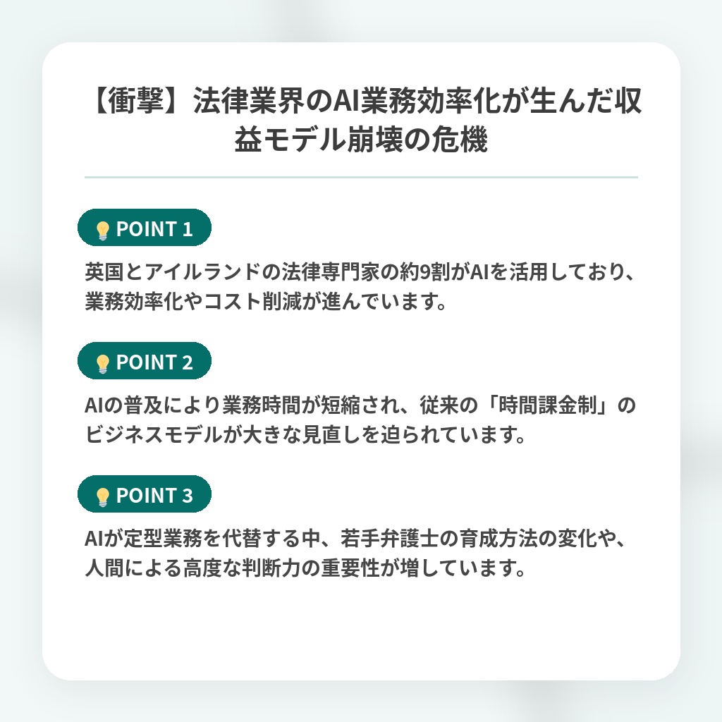 【衝撃】法律業界のAI業務効率化が生んだ収益モデル崩壊の危機の注目ポイントまとめ