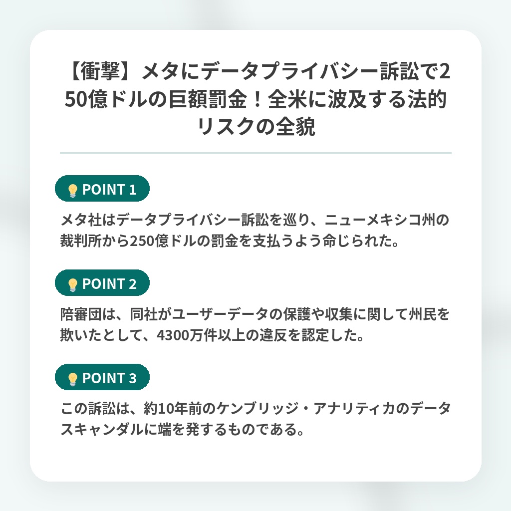 【衝撃】メタにデータプライバシー訴訟で250億ドルの巨額罰金！全米に波及する法的リスクの全貌の注目ポイントまとめ