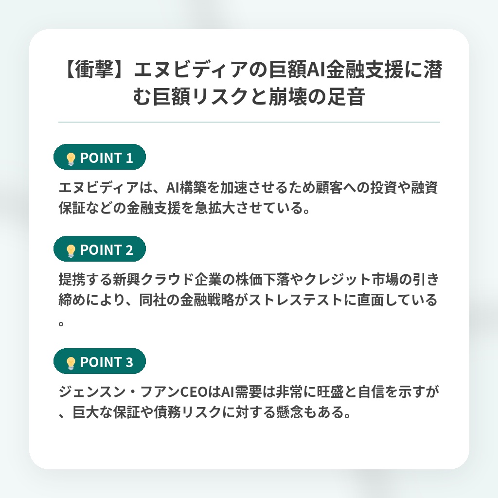 【衝撃】エヌビディアの巨額AI金融支援に潜む巨額リスクと崩壊の足音の注目ポイントまとめ