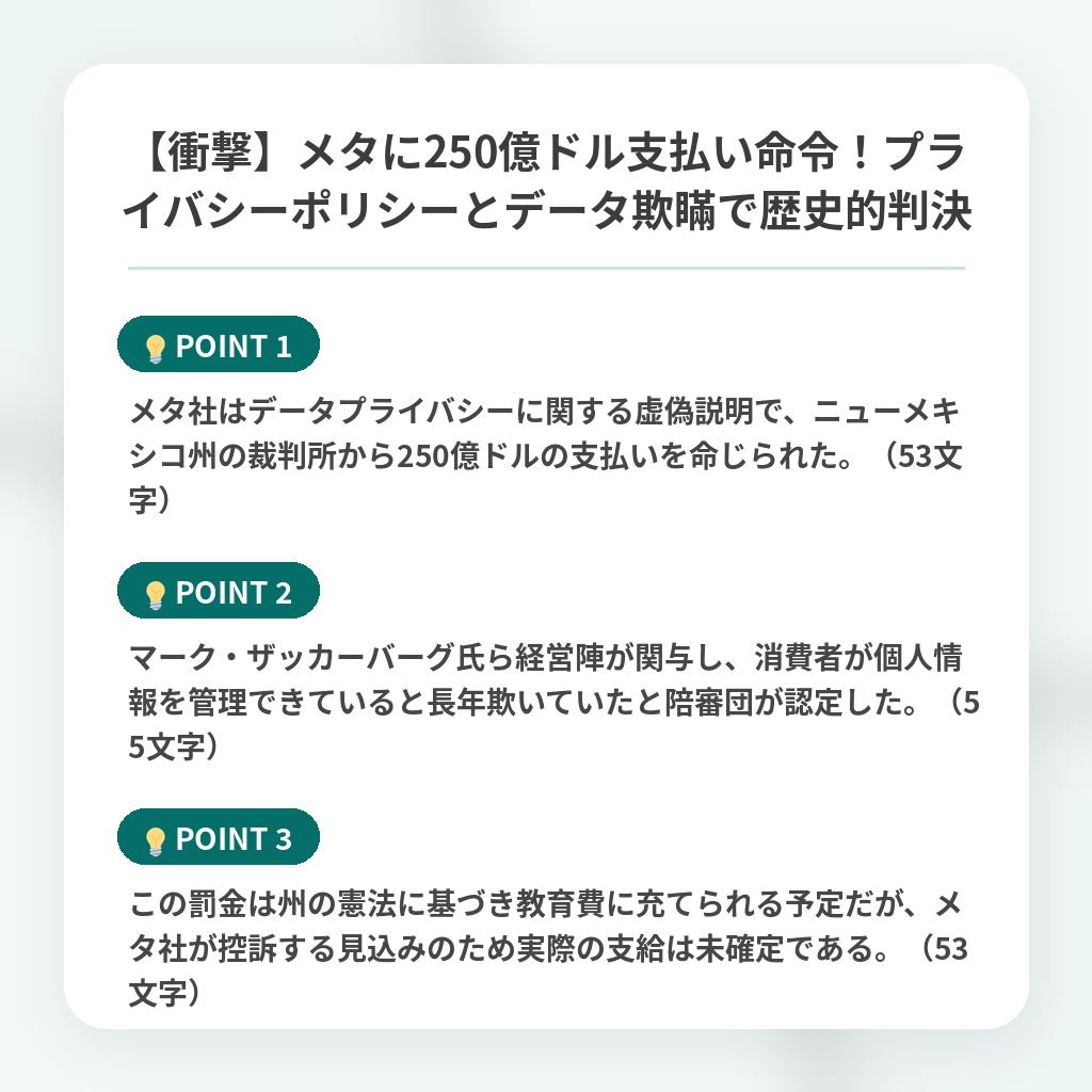 【衝撃】メタに250億ドル支払い命令！プライバシーポリシーとデータ欺瞞で歴史的判決の注目ポイントまとめ