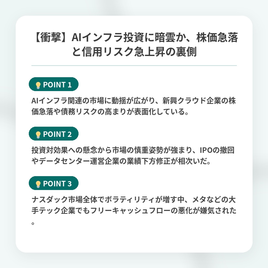 【衝撃】AIインフラ投資に暗雲か、株価急落と信用リスク急上昇の裏側の注目ポイントまとめ