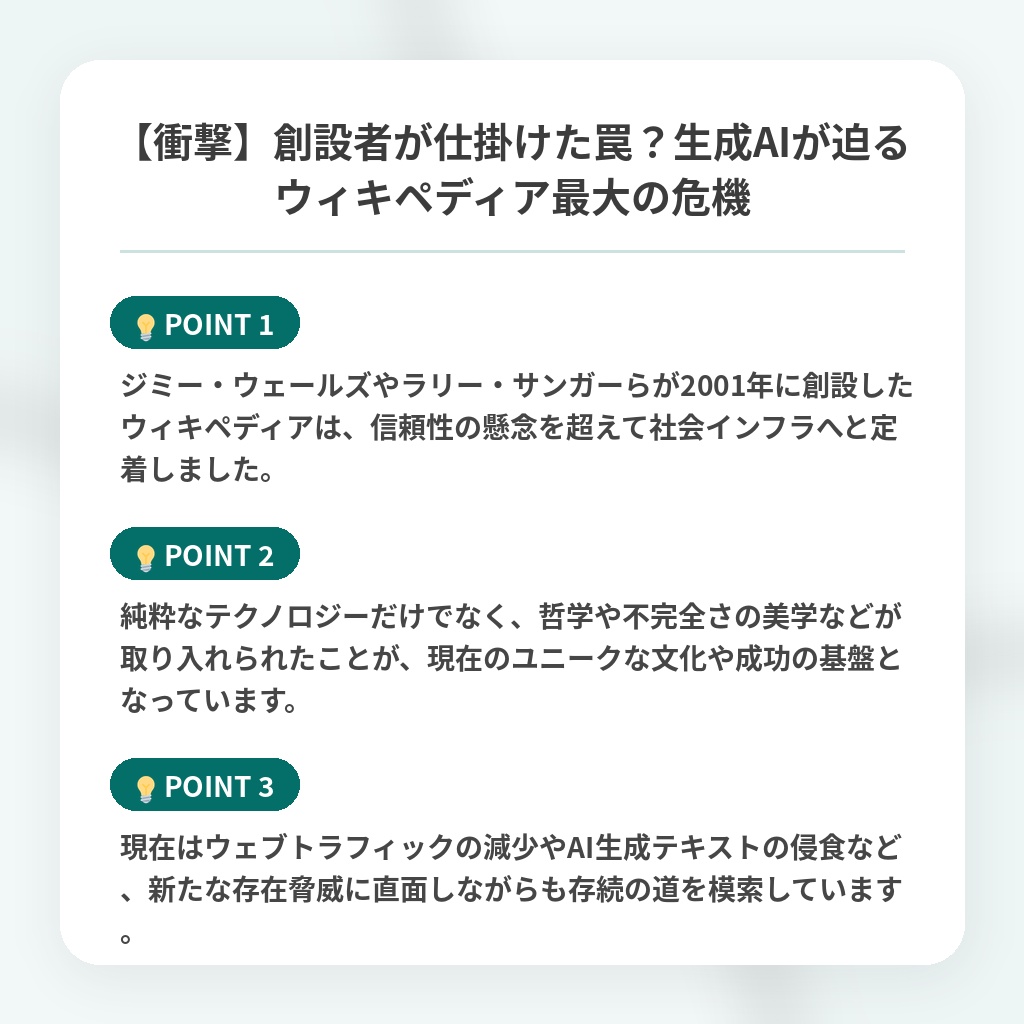【衝撃】創設者が仕掛けた罠？生成AIが迫るウィキペディア最大の危機の注目ポイントまとめ