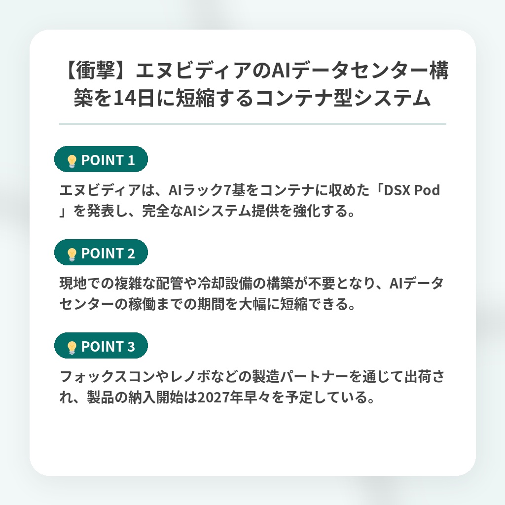 【衝撃】エヌビディアのAIデータセンター構築を14日に短縮するコンテナ型システムの注目ポイントまとめ