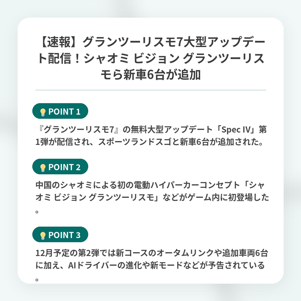 【速報】グランツーリスモ7大型アップデート配信!シャオミ ビジョン グランツーリスモら新車6台が追加の注目ポイントまとめ