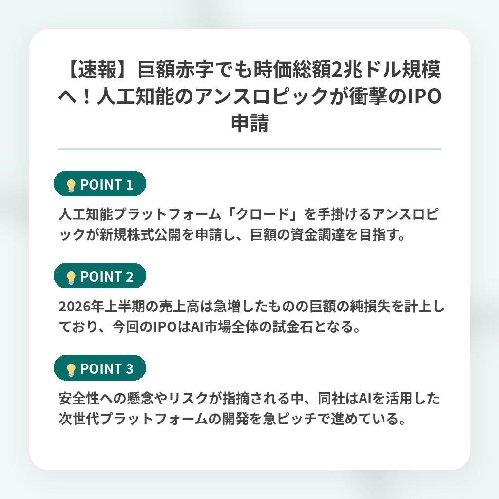 【速報】巨額赤字でも時価総額2兆ドル規模へ！人工知能のアンスロピックが衝撃のIPO申請の注目ポイントまとめ