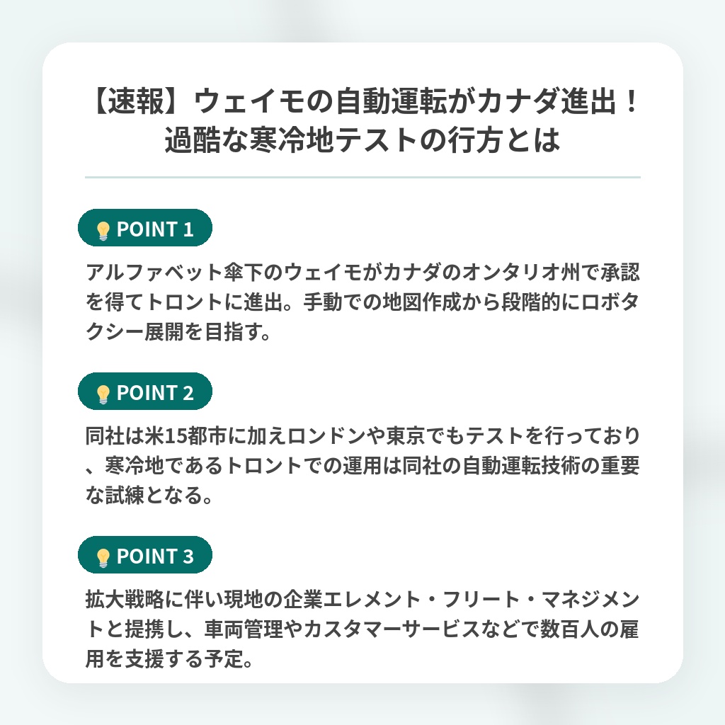 【速報】ウェイモの自動運転がカナダ進出!過酷な寒冷地テストの行方とはの注目ポイントまとめ