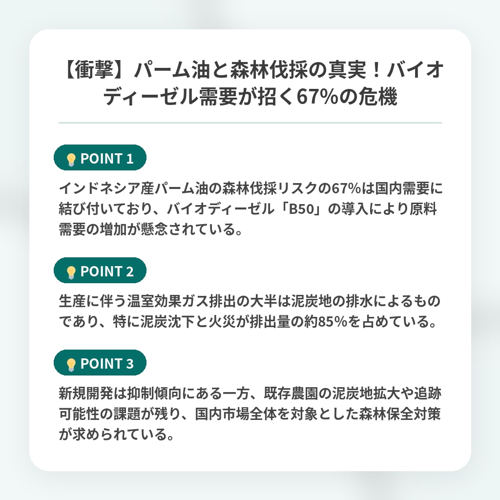 【衝撃】パーム油と森林伐採の真実!バイオディーゼル需要が招く67%の危機の注目ポイントまとめ
