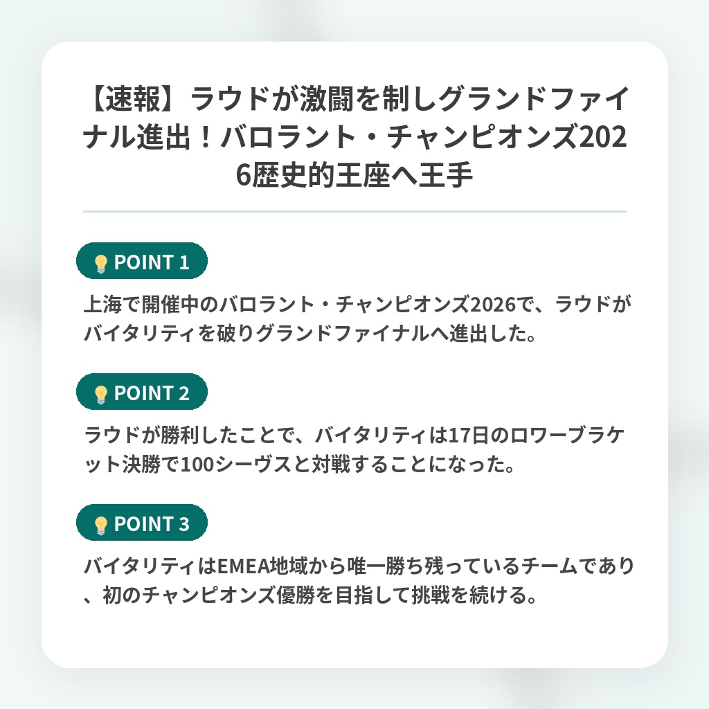 【速報】ラウドが激闘を制しグランドファイナル進出!バロラント・チャンピオンズ2026歴史的王座へ王手の注目ポイントまとめ