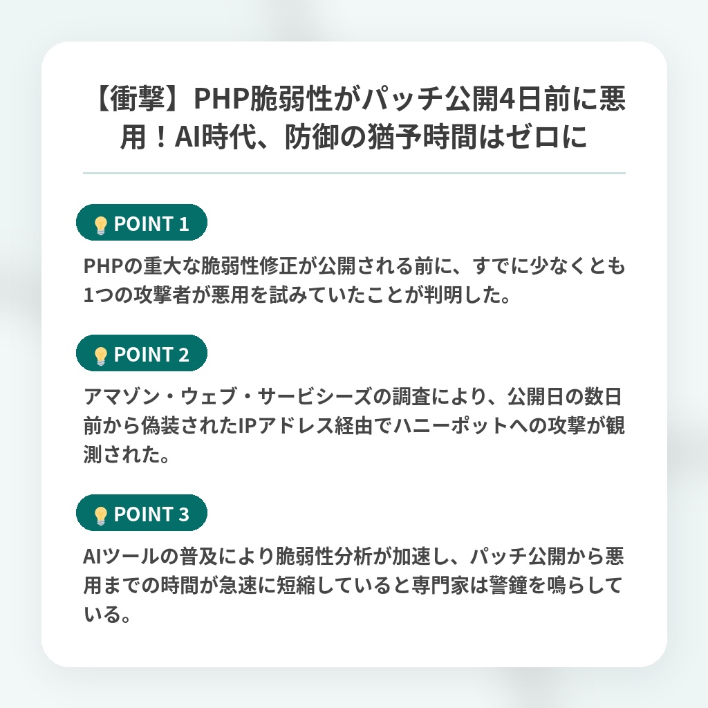 【衝撃】PHP脆弱性がパッチ公開4日前に悪用!AI時代、防御の猶予時間はゼロにの注目ポイントまとめ