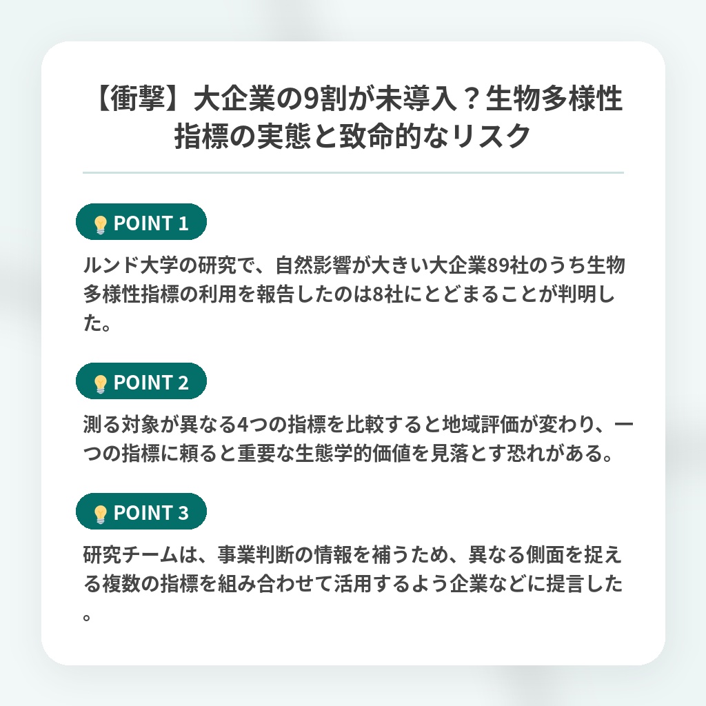 【衝撃】大企業の9割が未導入?生物多様性指標の実態と致命的なリスクの注目ポイントまとめ