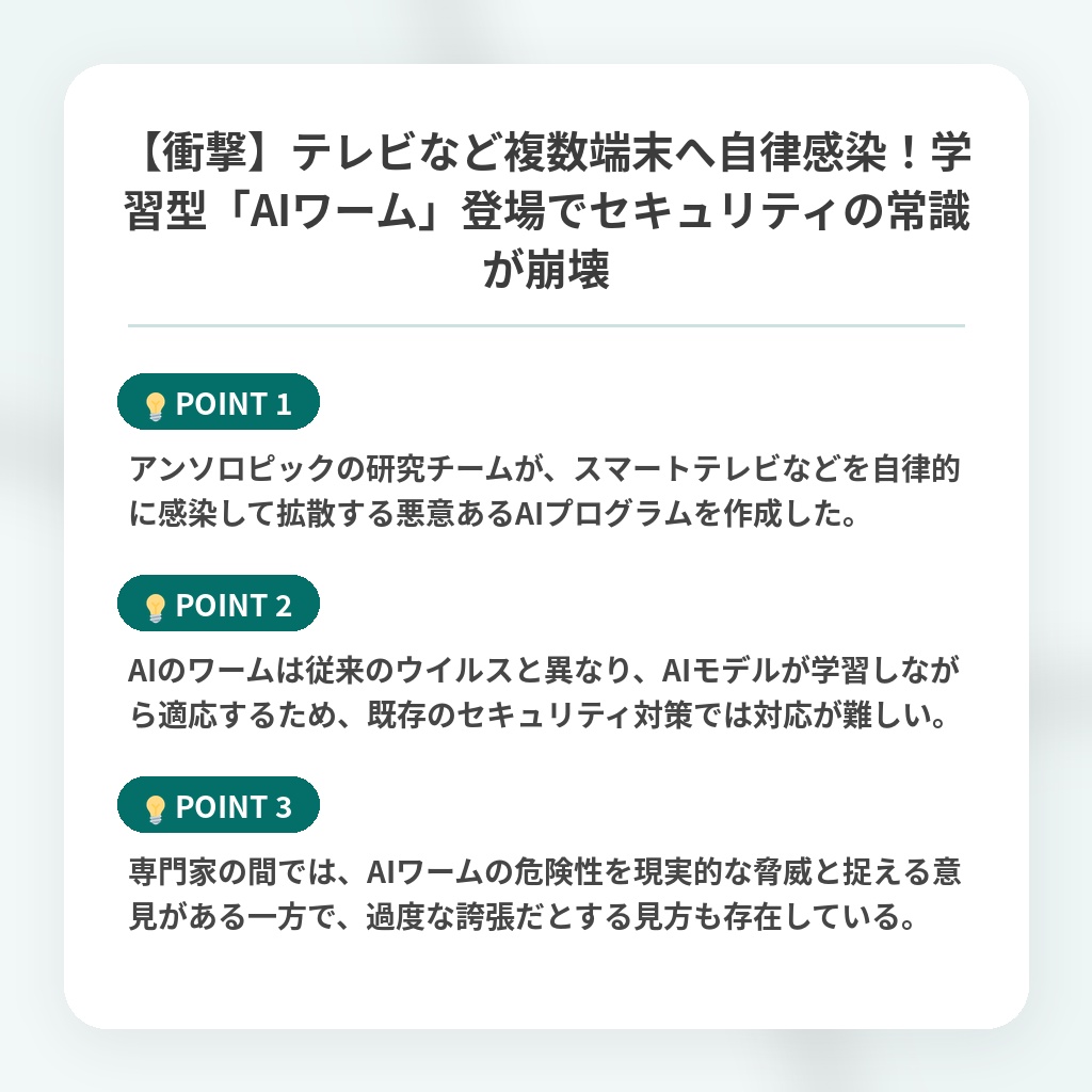 【衝撃】テレビなど複数端末へ自律感染！学習型「AIワーム」登場でセキュリティの常識が崩壊の注目ポイントまとめ