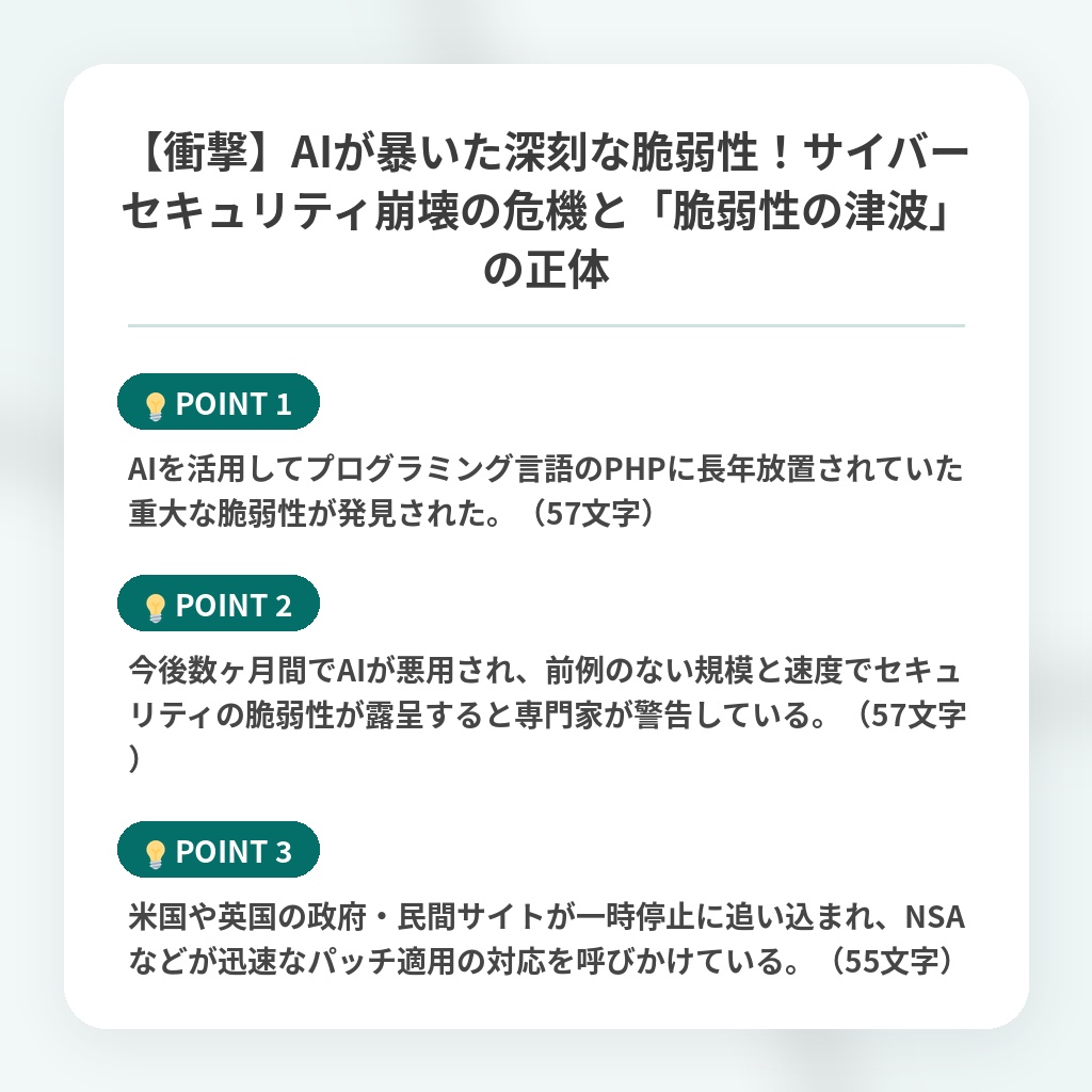 【衝撃】AIが暴いた深刻な脆弱性！サイバーセキュリティ崩壊の危機と「脆弱性の津波」の正体の注目ポイントまとめ
