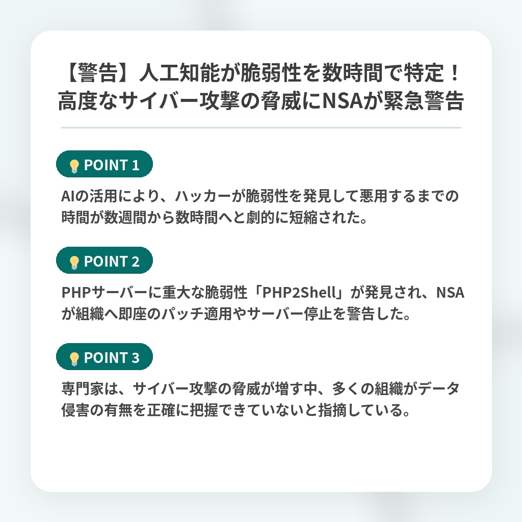 【警告】人工知能が脆弱性を数時間で特定!高度なサイバー攻撃の脅威にNSAが緊急警告の注目ポイントまとめ