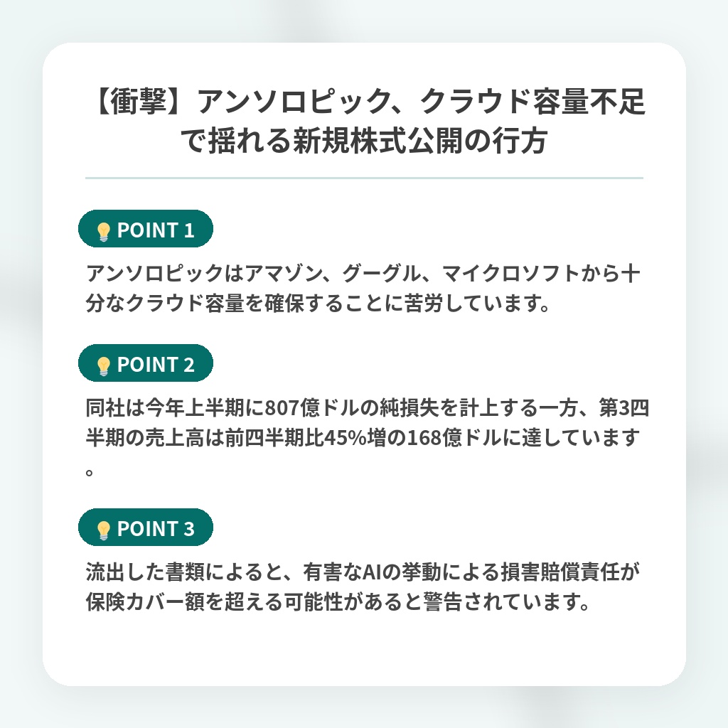 【衝撃】アンソロピック、クラウド容量不足で揺れる新規株式公開の行方の注目ポイントまとめ